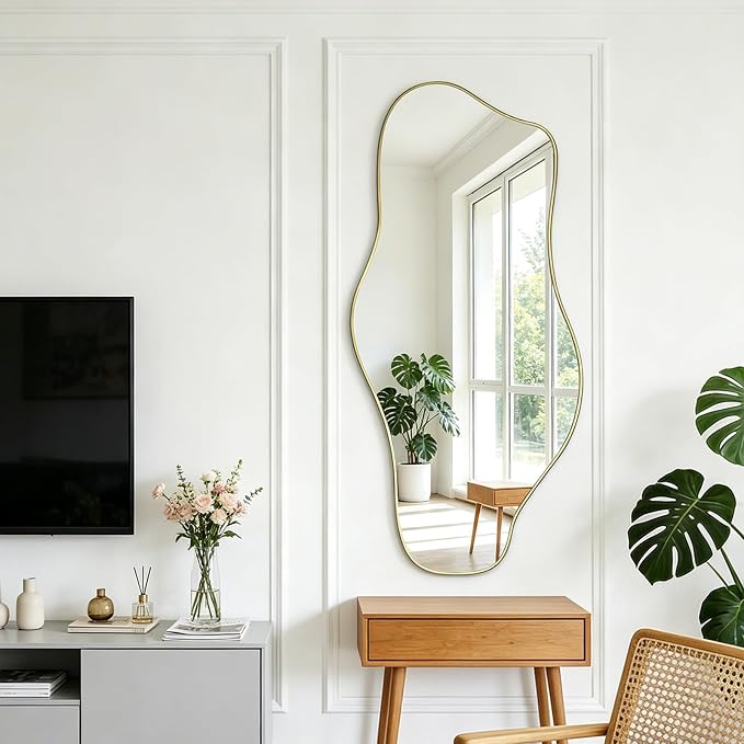 Irregular Wall Mirror, 54.5"x24" Asymmetrical Tempered Glass Mirror, Large Organic Shape Frameless Mirrors for Entryway Hallway Bedroom Living Room, Horizontal or Vertical Hanging