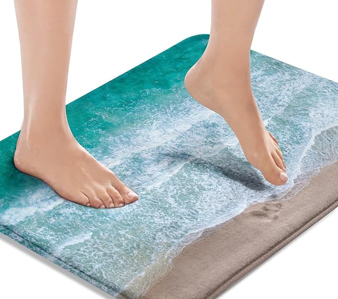 Britimes Bath Mat for Bathroom No Slip Blue Beach Sand Waves Washable Cover Floor Rug Carpets Floor Mat Bathroom Decorations 16x24 inches for Kitchen Bedroom Indoor