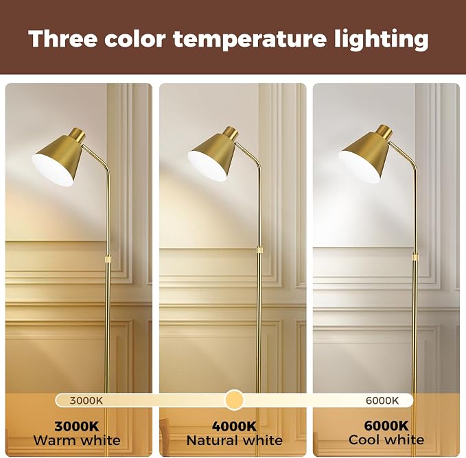 Modern Gold Reading Lamps Floor Standing, 12W Dimmable LED Vintage Brass Standing Lamp for Bedroom, Adjustable Heights Antique Brass Tall Floor Lamp, for Reading Home Corner Living Room