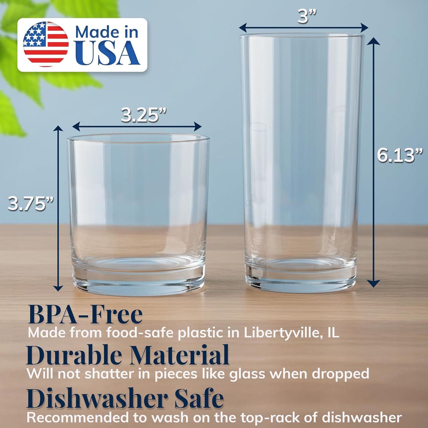 US Acrylic Drinking Glasses Set - 12oz Rocks & 16oz Water Cups | BPA-Free, Reusable & Dishwasher Safe