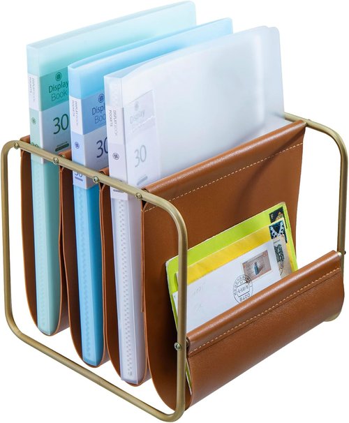 MyGift Modern Brass Tone Desktop Folder Holder - Stylish Leatherette Organizer for Letters & Files