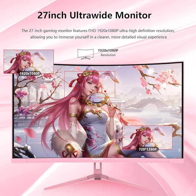 Pink 27 inch Curved Gaming Monitor 100Hz,FHD 1080P,1500R LED Display,Pink Computer Monitor,3ms (MPRT),FreeSync,Eye-Care Technology, DP, HDMI Port for Gaming Home Office,VESA(75mm×75mm)