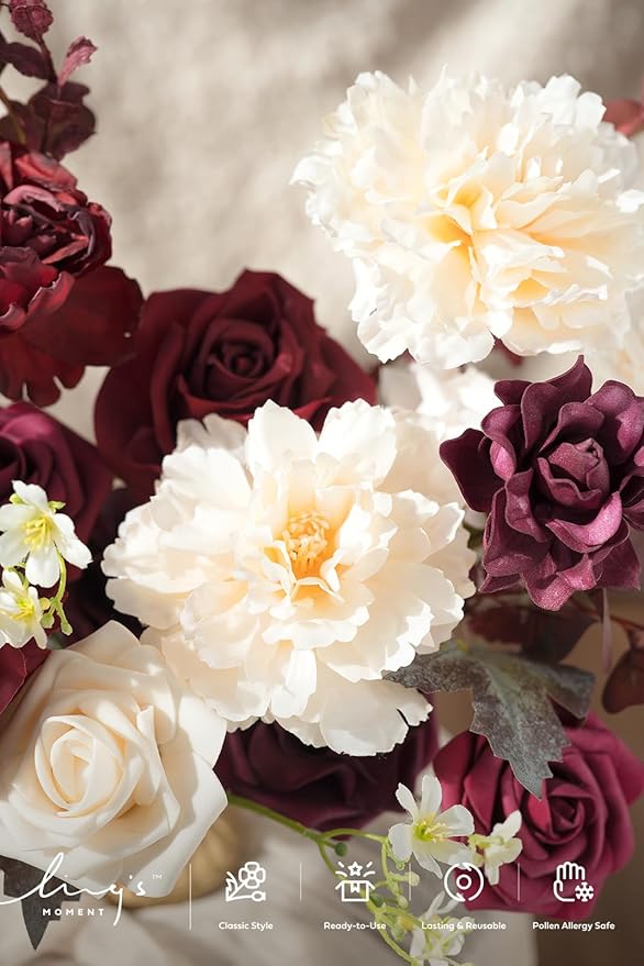 Ling's moment Burgundy Artificial Flowers and Greenery Combo Box Set, Marsala & Cream Fake Flower for DIY Wedding Bridal Bouquet, Centerpieces Decor, Floral Arrangement Decor, etc.