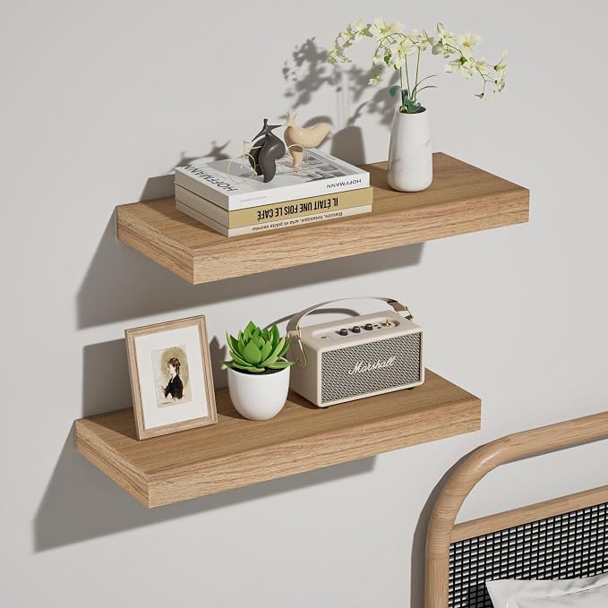 Oak Floating Shelves Wood for Wall 15.7in Wall Mounted Display Ledge Shelves Perfect for Bedroom, Bathroom, Living Room and Kitchen Decoration Storage (Set of 2)