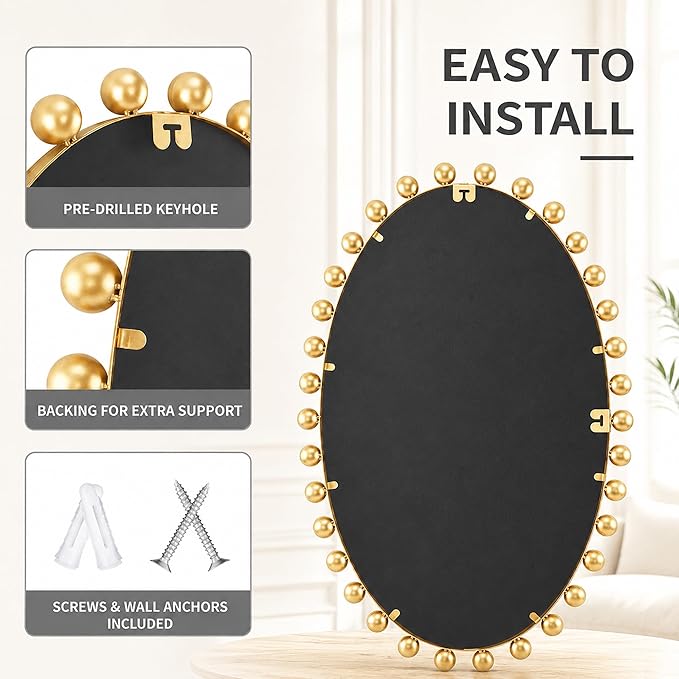 24"x36"Oval Wall Mounted Bathroom Mirror with Beveled Glass, Antique Gold Beaded Ball Frame, Vertical & Horizontal Hanging Vanity Wall Mirror for Bathroom, Bedroom, Entryway, Dressing Room