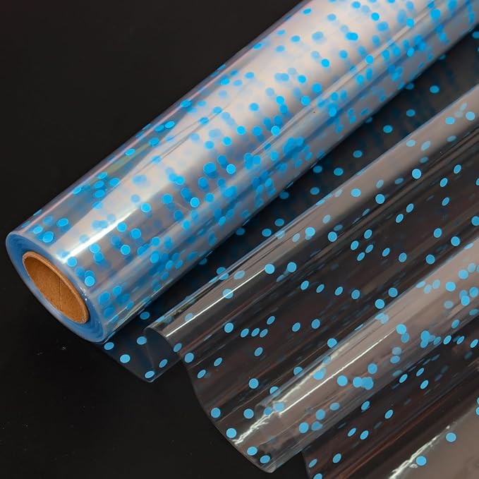CMFYHM Clear Cellophane Wrap Roll (34" x 100’Ft) Blue Polka Dot Cellophane, Transparent Cellophane Wrap Roll for Treats, Gifts, Baskets, Flowers, Birthday Party,Easter, Christmas Decorations