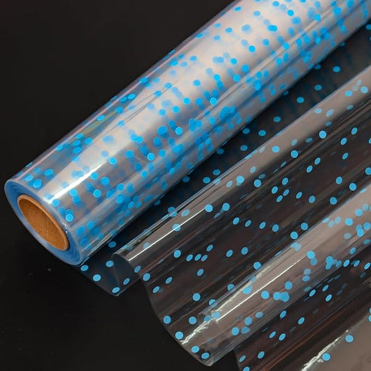 CMFYHM Clear Cellophane Wrap Roll (34" x 100’Ft) Blue Polka Dot Cellophane, Transparent Cellophane Wrap Roll for Treats, Gifts, Baskets, Flowers, Birthday Party,Easter, Christmas Decorations