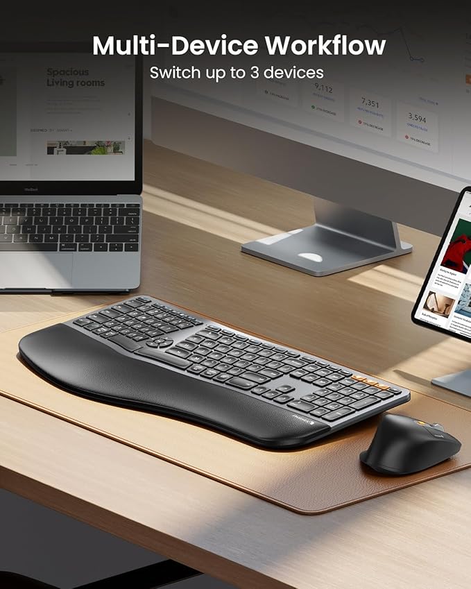 ProtoArc Ergonomic Keyboard Mouse, EKM01 Plus Full Size Wireless Bluetooth Ergo Keyboard Mouse Combo, Cushioned Palm Rest, Split Design, Rechargeable, Compatible for Windows, Mac OS - Gray and Black