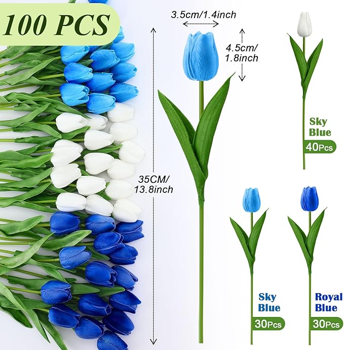 Janinka 100pcs Artificial Tulip Flowers Fake PU Tulips Faux Latex Bouquet Flower Centerpieces Arrangement Floral for Mother Day Wedding Spring Decorations (White,Light Blue,Royal Blue)