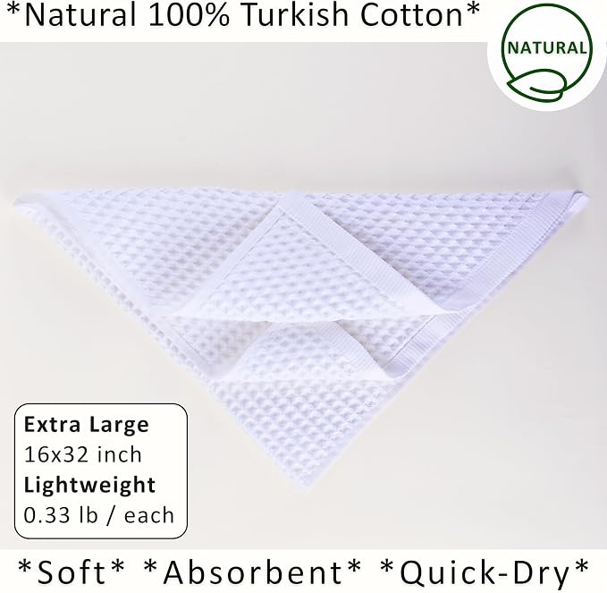 PÜSKÜL Natural 100% Turkish Cotton Waffle Kitchen Towels Set of 3 | Oeko-Tex, Premium Waffle Hand Towels for Bathroom | Soft Absorbent Quick-Dry Lint-Free Dish Towel Large 32x16 inch (3, White)