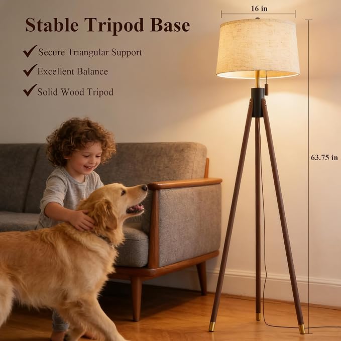 Mid Century Modern Tripod Floor Lamp, Gold Accented Two-Tone Solid Wood Floor Lamp with Black-Finished Solid Wood Center, Linen Shade & Pull Chain, Tall Lamp for Living Room Bedroom Reading Corner