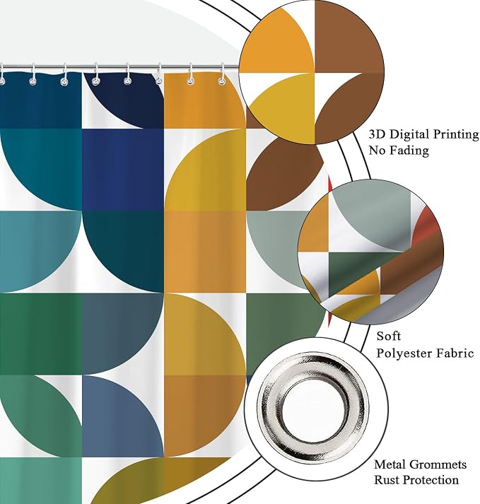 Colorful Mid Century Modern Shower Curtain, Boho Abstract Geometric Retro Art Shower Curtains for Bathroom, Rainbow Unique Cute Pattern Polyester Fabric Bathroom Set 12 Hooks 72X84IN