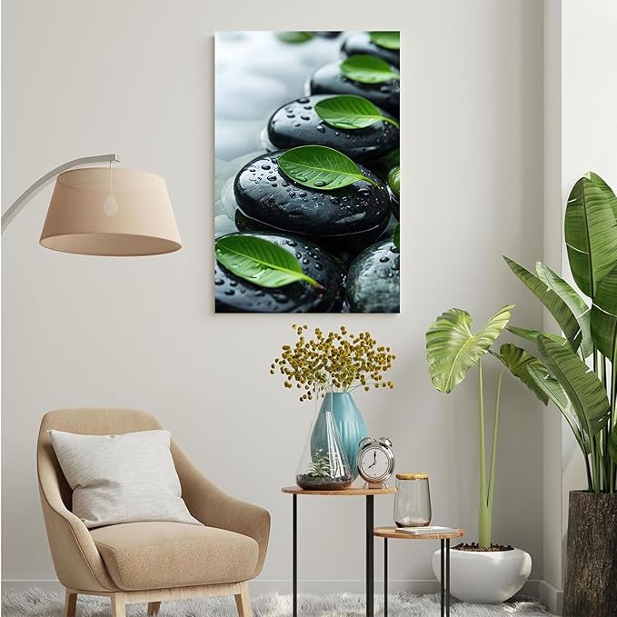 Glittering black stone cluster with fresh green leaves and water drops poster tranquil mist rain wall art zen wall art suitable for modern minimalist home decor 20x30in Wood Framed