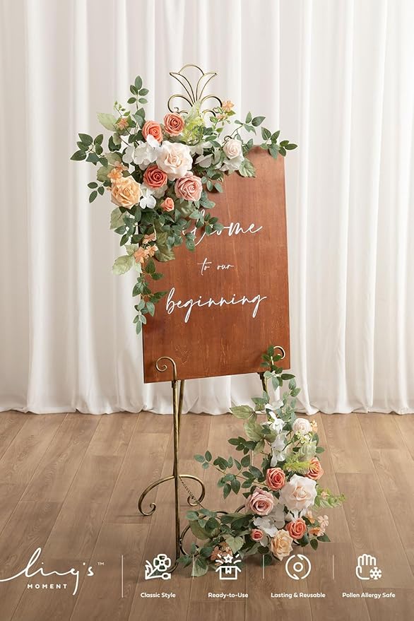 Ling's moment 2pcs Wedding Flowers Garland Artificial Floral Swag Arch Decorations Greenery Arrangements Blush & Pink Ceremony Reception Garden Easel Wall Entryway Outdoor Board(NOT Include Sign)