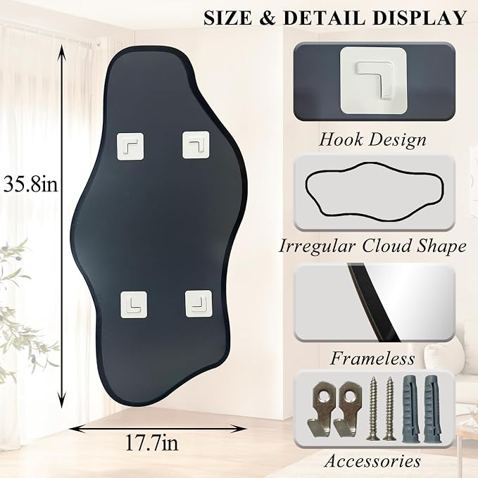 Irregular Frameless Mirror, 35.8"x17.7" Asymmetrical Tempered Glass Mirror, Modern Organic Shaped Wall Mirrors for Entryway Bedroom Living Room Bathroom, Horizontal or Vertical Hanging
