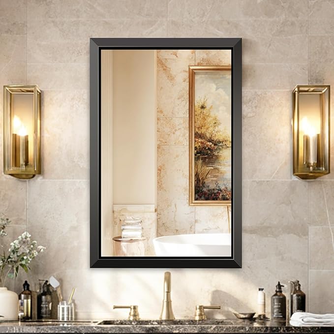 USHOWER 24x36 Inch Floating Bathroom Mirror - Brushed Black Wall Mirror for Over Sink, Anti-Rust, Beveled Aluminum Frame, Modern Rectangular HD Reflection Vanity Mirror(Copper-Free Silver Coating)