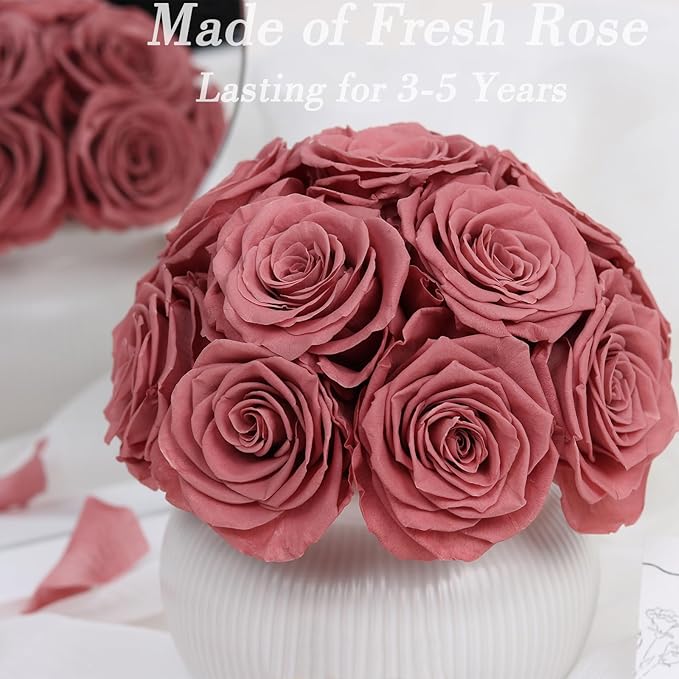 Preserved Roses,Weeding Flowers,Table Centerpiece Flowers,14Pcs Long Lasting Real Rose in Ceramic Vase,Table Flowers for Party,Wedding Decor,Birthday,Anniversary,Wedding Gifts for Her (Burnt Brown)