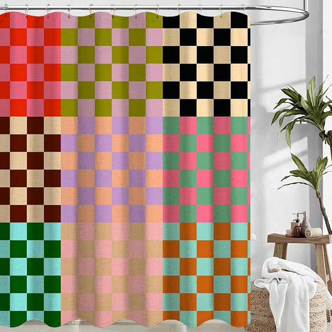Linen Checkerboard Shower Curtain Seats,Mid-Century Geometric Curtains for Bathroom,Morden Boho Colorful Art Shower Curtains 72x72 Inch
