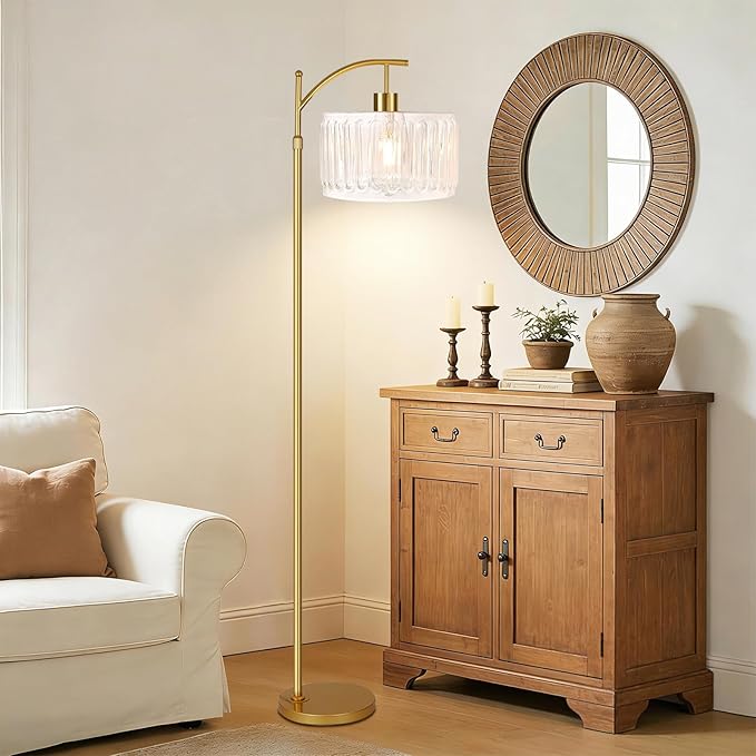 QIYIZM Glass Floor Lamp for Living Room,Bedroom,Gold Dimmable Standing Lamp with Remote,Brass White Tall Lamp Boho Mid Century Modern Floor Lamps Arc Floor Light Lamp Girls Kids Bohemian