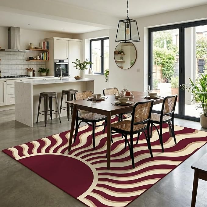 5x7 Retro Abstract Area Rug, Burgundy and Beige Wavy Sunburst Rug, Washable Non-Slip Low Pile Faux Cashmere Rug for Living Room, Bedroom, Home Office