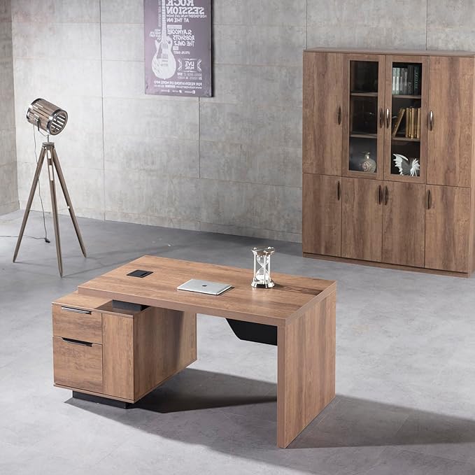 Modern Executive Desk, Rectangle Office Desk with Storage Cabinet, Width Adjustable Standing Desks, Stand Under Table Storage Organizer, Wood
