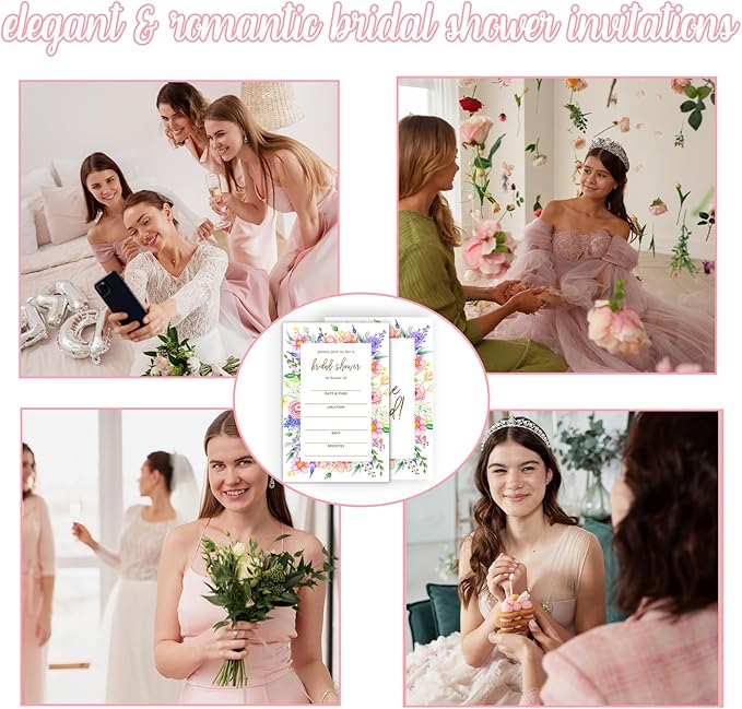 Boho Bridal Shower Invitations, Wildflowers Invites with Envelopes, 4x6 Set of 25 Invite Card for Wedding Shower, Newlyweds, Party Favor & Decorations-A05