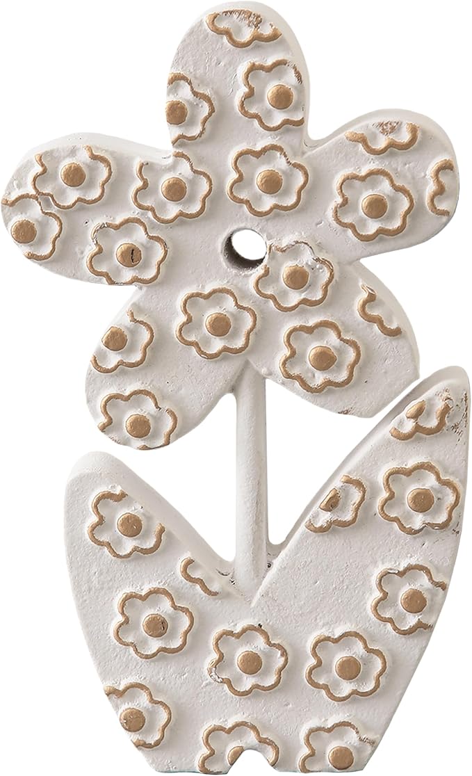 Vintage Small Cute Wooden Flowers Table Decorations for Dining Room 5 X 8 Inch, Handmade Distressed White Rustic Floral Coffee Table Figurine for Living Room, Farmhouse Home Decor for Shelf