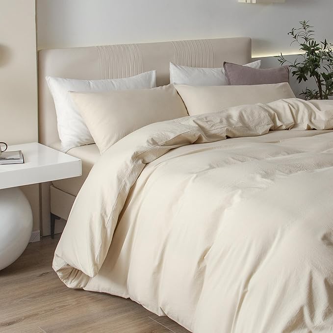 JIYUAN 100% Washed Cotton Duvet Cover Set 3 PCS Super King Plus, 1 Duvet Cover 120x120 Inches(Comforter Not Included) and 2 Pillowcases,Linen Feel Bedding Set Comfy and Breathable,Heathered Beige