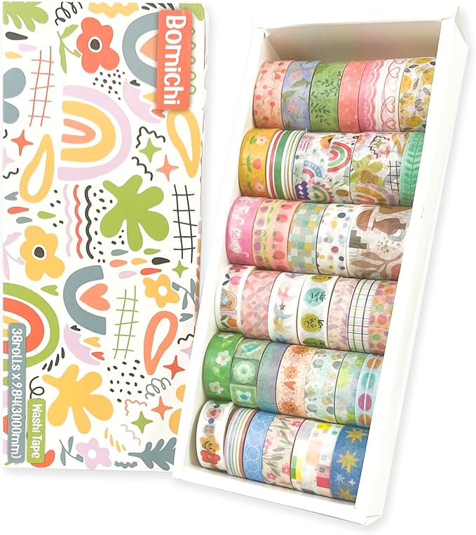 Bomichi 38 Rolls Washi Tape, Aesthetic Colored Decorative Cute Scrapbook Tape for Scrapbooking Supplies Journaling Craft Junk Journal