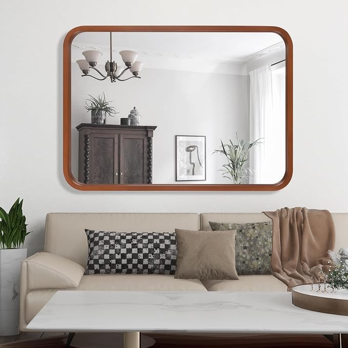 WallBeyond 30x40 Inch Wood Mirror for Bathroom, Wooden Frame Wall Mirror Farmhouse Wall Mounted Rectangle Mirror for Vanity (Horizontal/Vertical Walnut Color)
