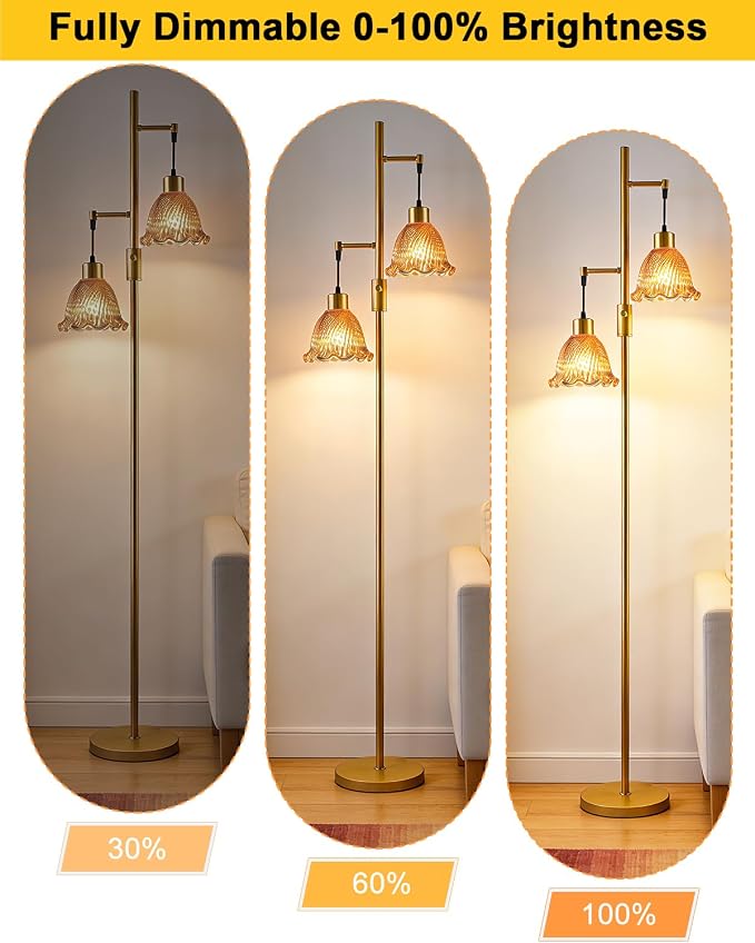 Lightdot 65IN Gold Flower Floor Lamp for Living Room, 2- Light Dimmable Floor Lamps with Deep Red Glass Lampshade,3000K Warm White Modern Standing Tall Lamp with 5Lbs Heavy Base for Bedroom Sofa