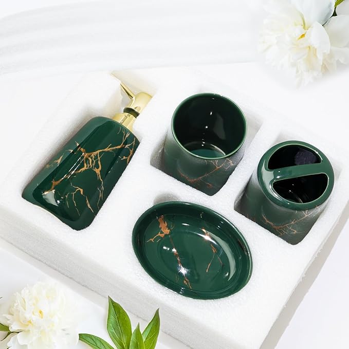 CERBIOR Bathroom Accessories Set,4 Pcs Ceramic Bathroom Decor Accessory,Includes Toothbrush Holder, Toothbrush Cup, Soap Dish for Decorative Countertop and Housewarming Gift(Green 4pcs)