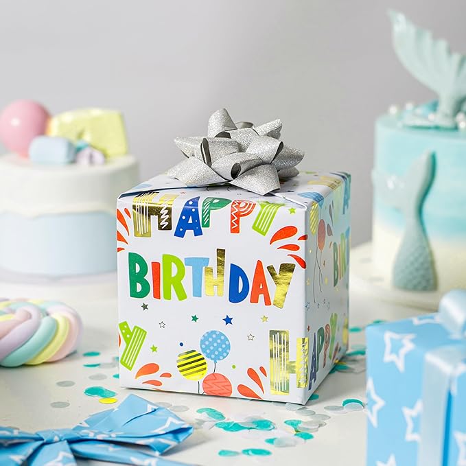 Burymento Birthday Wrapping Paper Roll for Boys Girls Kids Men Women - Colorful Gold Foil Balloon and Stars - Gift Wrap Paper for Birthday Party, 17 In x 32.8 Ft
