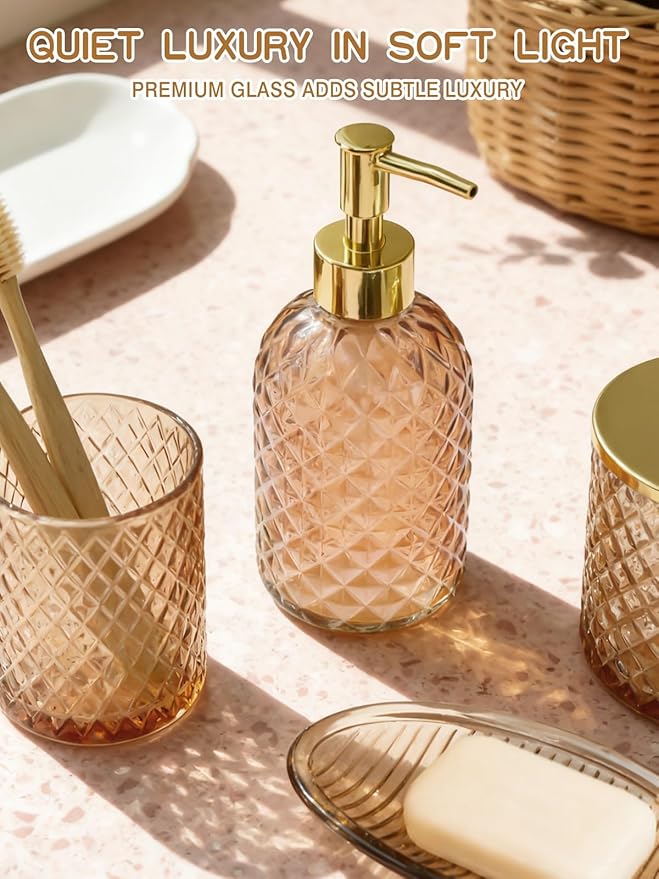 Haturi Amber Brown Bathroom Accessories Set, 4Pcs Glass Bathroom Accessory Set Complete w/Soap Dispenser, Toothbrush Holder, Qtip Holder, Soap Dish, Gold Bathroom Decor Sets, Gift for Home Apartment