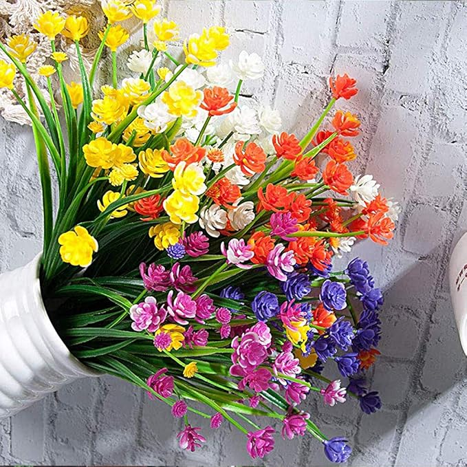 Artificial Flowers Outdoor UV Resistant Fake Plants Indoor Outside Hanging Planter Home Garden Decor, 10 Bundles (Yellow)
