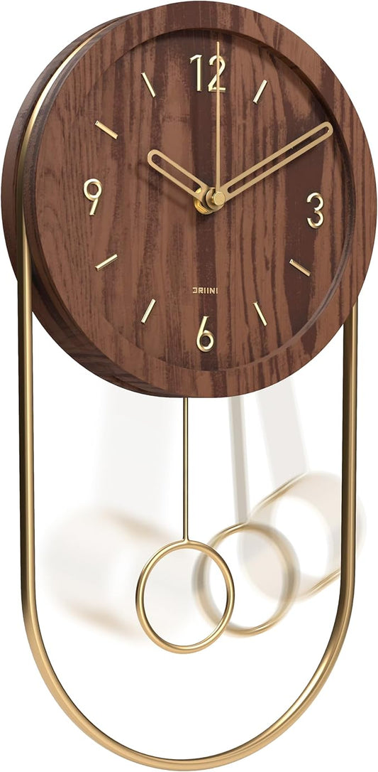 Driini Decorative Wall Clock with Pendulum (Walnut) – Modern Wood, 3D Gold Numbers, Metal Frame – Small, Unique Wall Clocks for Living Room Decor or Bathroom - Battery Operated, Silent, Non-Ticking