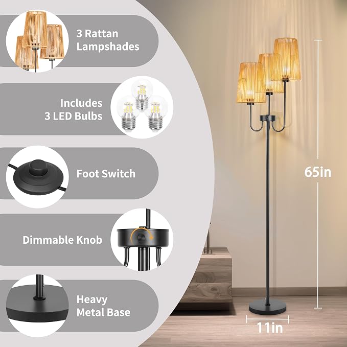 3 Lights Boho Floor Lamp for Living Room, Farmhouse Standing Lamp with Rattan Shades and Bulbs, Adjustable Color Temperature, 65" Rustic Tree Tall Lamps for Bedroom,Office, ON/Off Foot Switch
