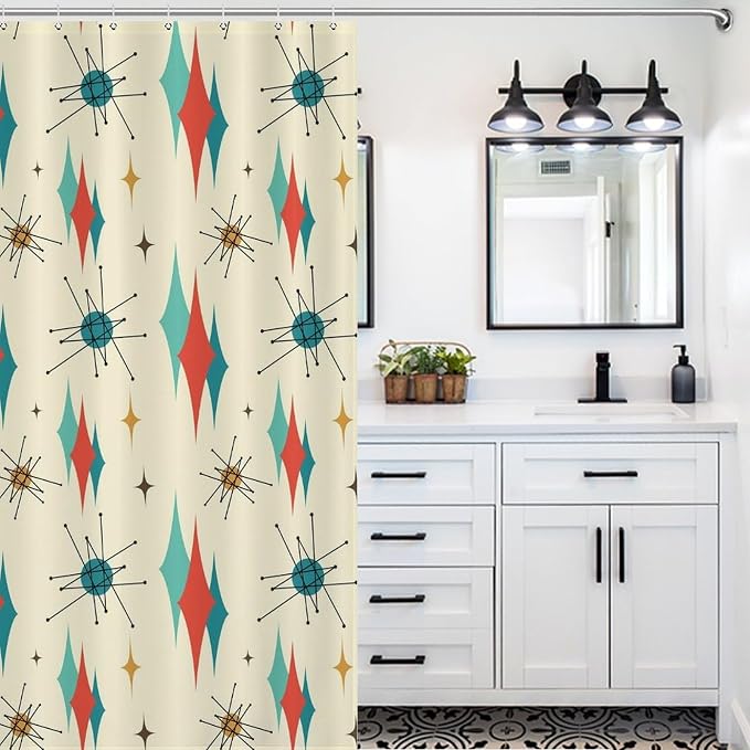Mid Century Modern Shower Curtain,Retro Abstract Atomic Starburst Geometric Diamond Pattern Shower Curtains Set for Bathroom Fabric Decorative Bath Curtain Washable Curtain Hooks, 72x72 inch