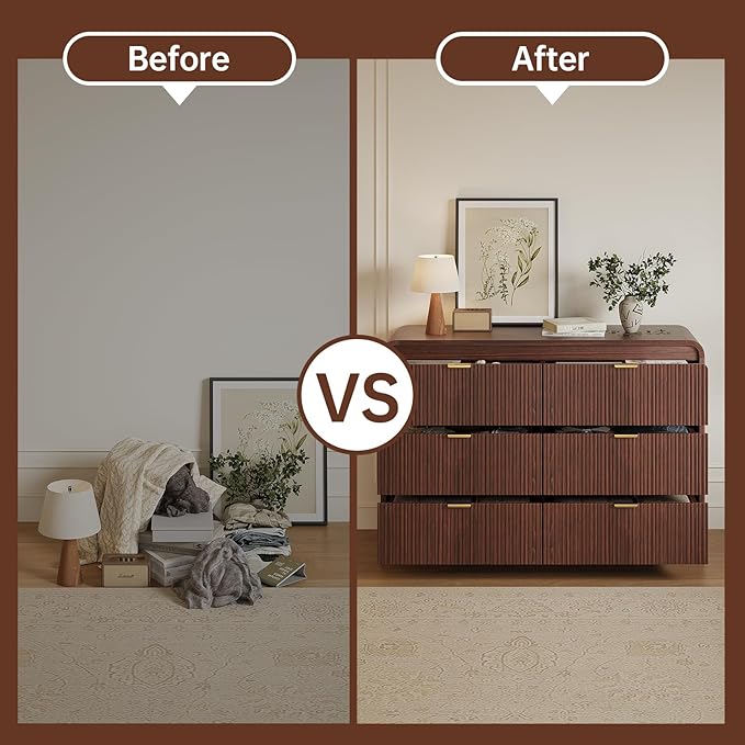 FURSUN Fluted 6 Drawers Dresser for Bedroom, 54" Wide Wooden Dresser with Metal Handle, Curved Profile Design, Modern Storage Organizer for Bedroom, Hallway (Walnut)