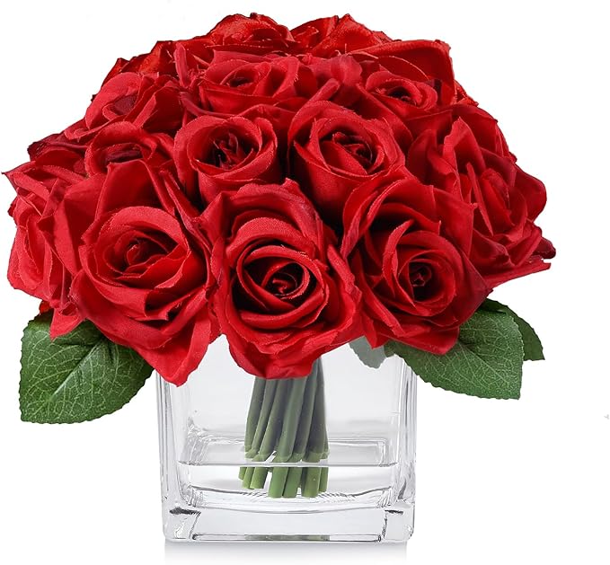 18 Heads Red Rose Fake Flowers in Vase with Fake Water, Silk Rose with Vase for Dining Table Bedroom Wedding Decor (Red)