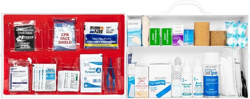 MFASCO First Aid Kit - OSHA 2021 Class A Metal Cabinet for Restaurants | 2 Shelf Wall Mount, Ideal for Food Service & Catering