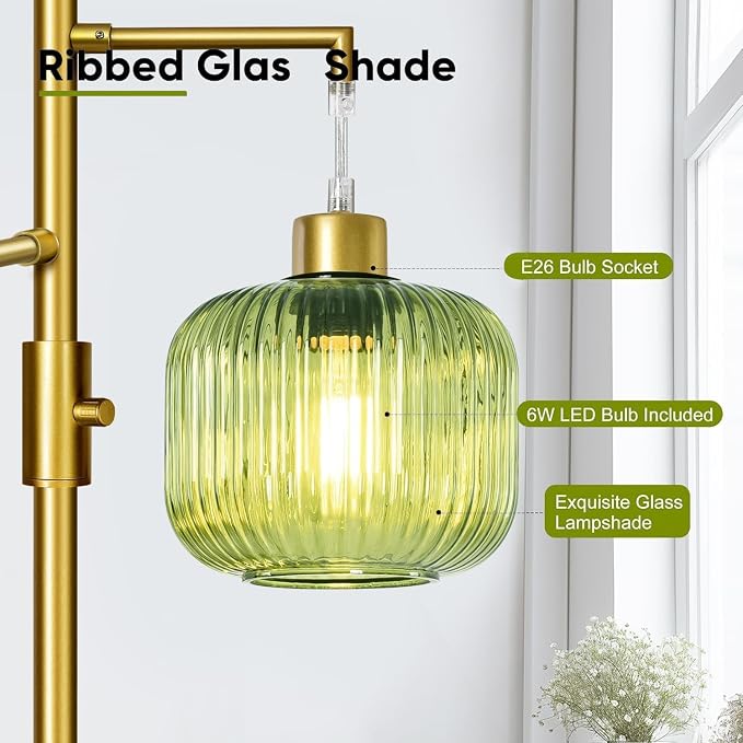 Modern Floor Lamp for Living Room, Dimmable Gold Standing Lamp with Green Glass Shade, Mid Century 3 Lights Tall Lamp, Vintage Retro Floor Lamps for Bedroom, 3×6W Bulbs Included