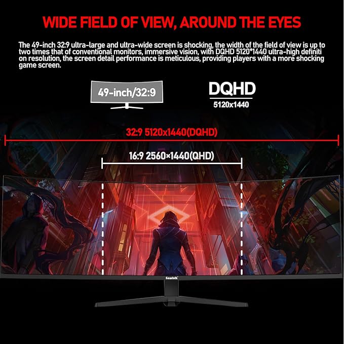 Gawfolk 49 inch Ultra-Wide Curved 1500R Gaming Computer Monitor, DQHD(5120×1440), 165Hz, 1MS, FreeSync, 120% sRGB, Height Adjustable PC Screen, HDMI2.1 & DP1.4, Compatible Wall Mount 75 * 75mm- Black