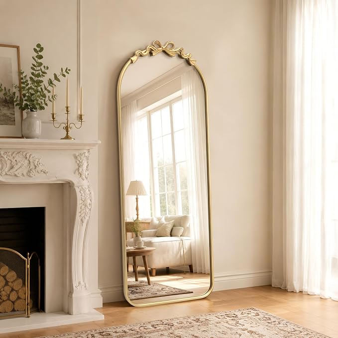 Besdomus Arched Mirror Full Length: 21"x56" Bow Gold Arch Floor Mirror - Antique Baroque Traditional Ornate Standing Mirror for Entryway/Cloakroom/Bedroom - Home Decor for Fashion-Conscious