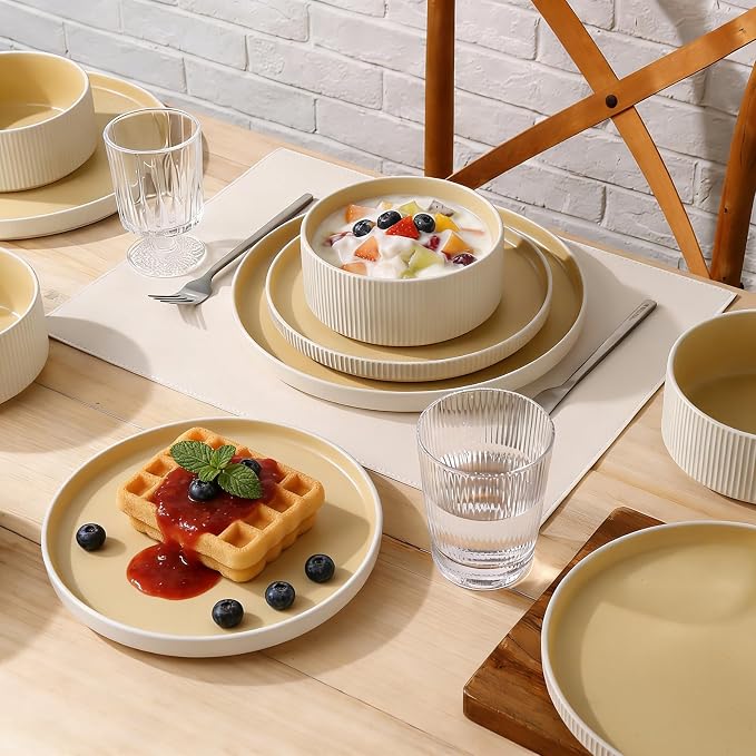 MONITO Ceramic Dinnerware Sets for 6, 18PCS Stoneware Plates and Bowls Sets, Reactive Glaze Dish Set, Chip and Scratch Resistant Double, Microwave and Dishwasher Safe, White Orange