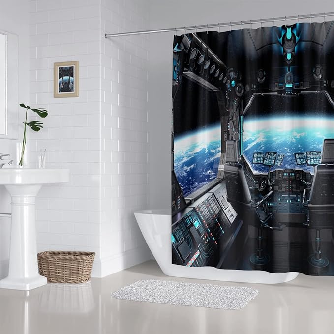 Spaceship Interior Shower Curtain Planet Earth Galaxy Futuristic Science Spacecraft Cabin for Kids Boy Black Home Bathroom Decor Waterproof Fabric 72Lx72W Inch with 12PCS Hooks