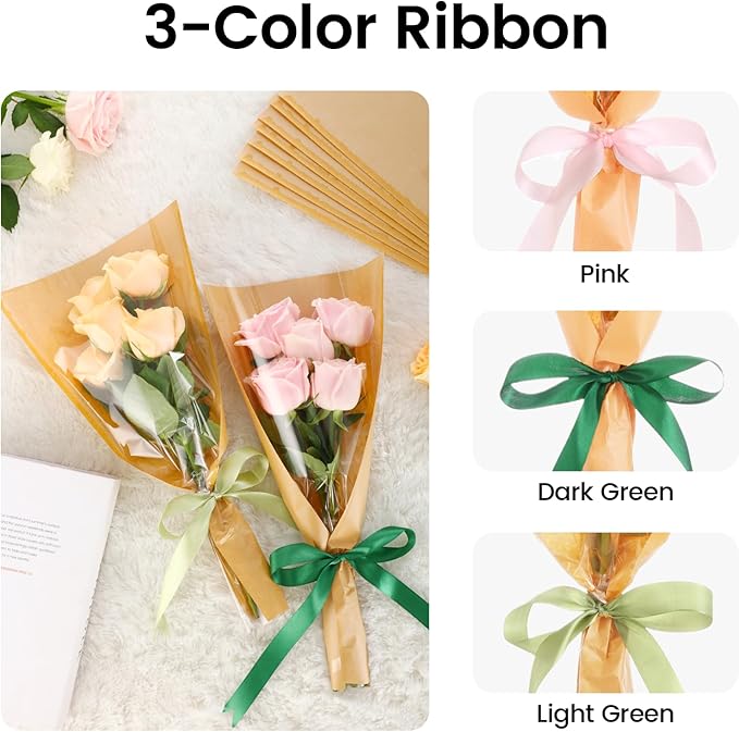 YLQLA 50 Pcs Kraft Flower Wrapping Paper Sleeves for Bouquets, Brown Flora Bouquet Wrapping Paper with Card Holder Picks and Ribbons,9.8x17.9 Inch Packing Sleeves Flower Bags for Flora Bar…