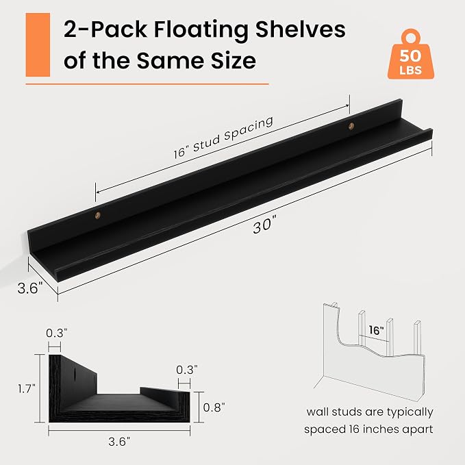 RICHFOCUS Picture Ledge Shelf, 30 inch Floating Shelves Set of 2, Wood Wall Shelves with Lip, Wall Decor Storage for Bedroom Living Room Bathroom Kitchen Nursery Photo Picture, Black