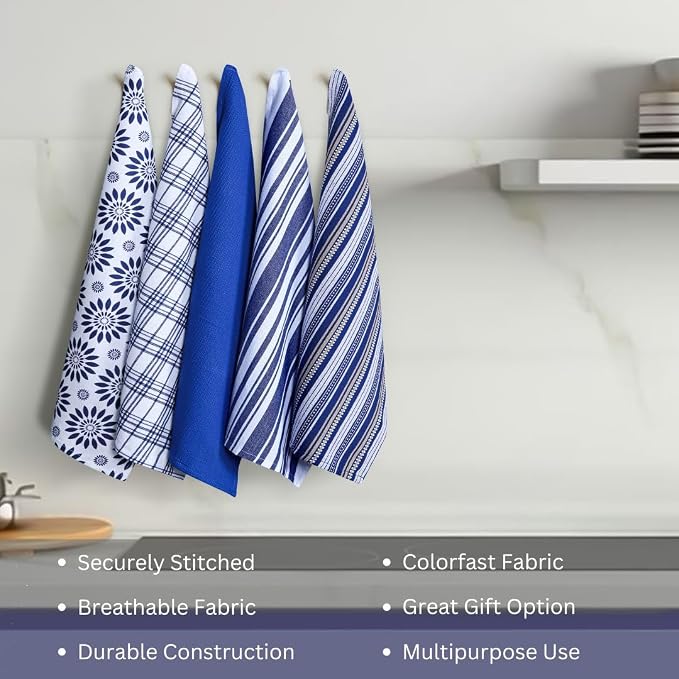 Assorted Kitchen Towels Set of 5-100% Cotton Dish Cloths Towels with Hanging Loop - Soft, Absorbent & Washable for Kitchen Use - Quick Drying Dish Towels 16x26 Inch Blue