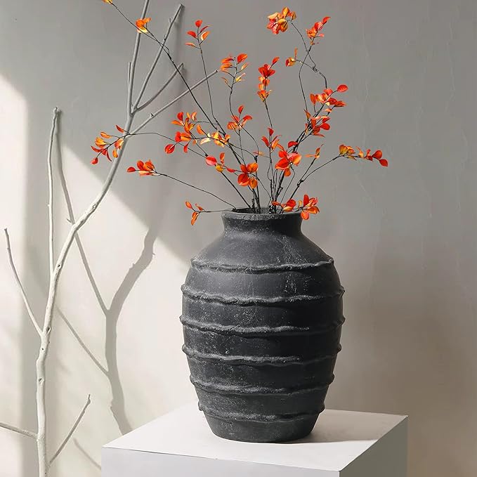Kokrose Black Terracotta Vase, Black Vases Home Decor for Centerpieces, Large Vintage Rustic Flower Vase for Home Decor, Pottery Ceramic Vases, Table Top Fireplace Mantel Decor